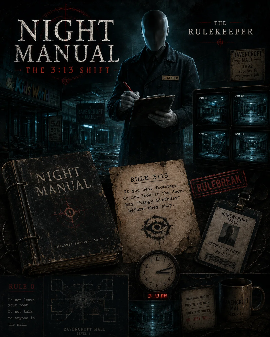 The faceless Rulekeeper standing in Ravencroft Mall with the Night Manual and employee records